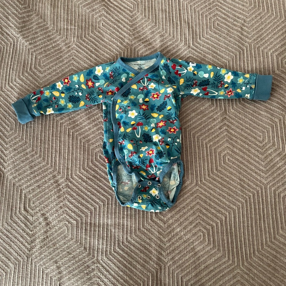 Polarn O. Pyret Teal Floral Wrap-Front Long Sleeve Bodysuit